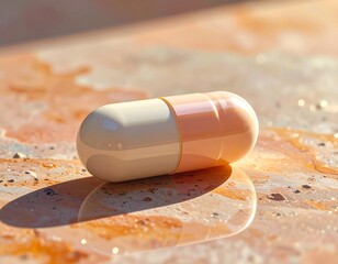 Capsule close-up on a reflective surface with a marbled effect