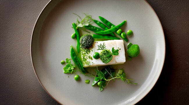 Top view of gourmet white fish fillet with green vegetables in Michelin star style