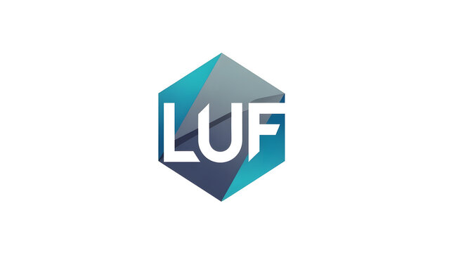 A modern geometric logo featuring the letters LUF inside a blue hexagonal polygon