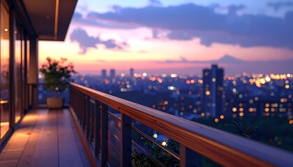 Obraz premium Modern Luxury Balcony View of City Skyline at Twilight with Bokeh Lights and Vibrant Sunset Colors.