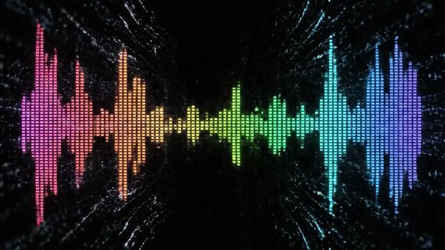A vibrant equalizer display on a black background, with rainbow colored bars