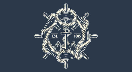 Vintage Nautical Emblem with Anchor, Ship Wheel, and Rope. Retro Marine Logo Badge.