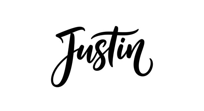 Stylish handwritten "Justin" text, featuring flowing brush strokes, presented cleanly on a plain white backdrop.