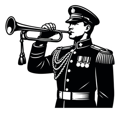 Retro line art illustration of a military bugler depicting a performance for a ceremonial event