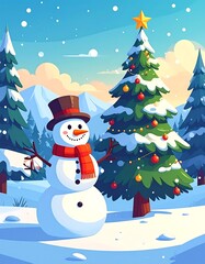 Cartoon depiction of a snowman near a decorated Christmas tree in winter