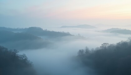 Fototapeta premium Misty Mountain Landscape at Sunrise with Soft Pastel Sky Over Rolling Hills Covered in Trees and Fog