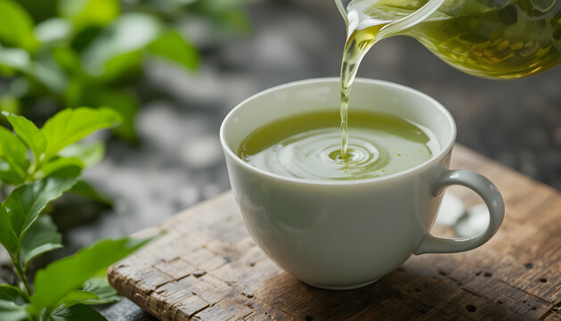 Pouring green tea Oolong in a cup. Healthy chinese tea rich in antioxidants