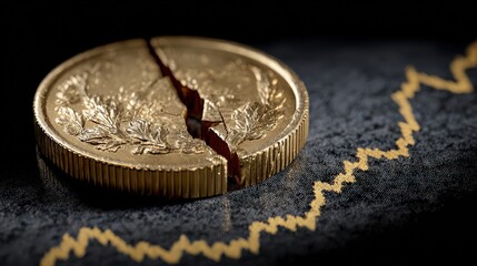 Cracked gold coin with stormy backdrop and sinking trend line