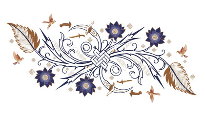 Naklejka premium Ornate symmetrical design with thorny vines, dark blue flowers, brown leaves, flying birds, and daggers, set against a white background.