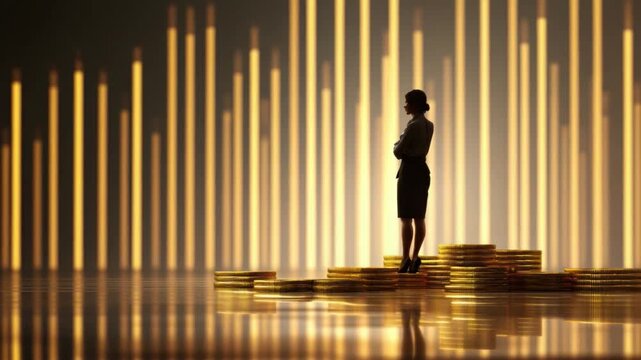 Financial Ascent: A silhouette of a poised woman stands confidently atop a staircase crafted from gold coins, with an illuminated bar graph in the background.