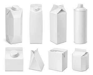 Collection of white cardboard packaging mockups for milk and juice. Assorted empty drink boxes isolated on white background, ideal for product branding design
