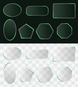 Set of various geometric glass shapes with neon green glowing edges on dark background