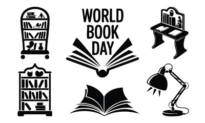 Fototapeta premium Bundle world book day silhouette icons with library shelf and table