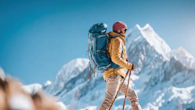 Conquering Heights: A solitary hiker, with a determined gaze, embarks on a journey of discovery. Amidst a backdrop of snow-capped peaks and clear skies.