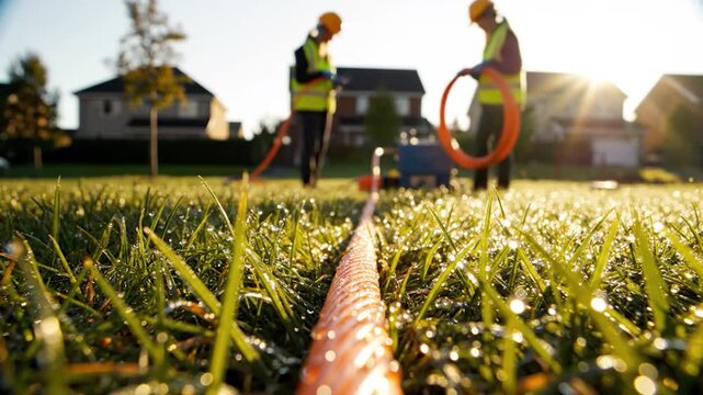 Utility workers install fiber optic cable residential area morning sun
