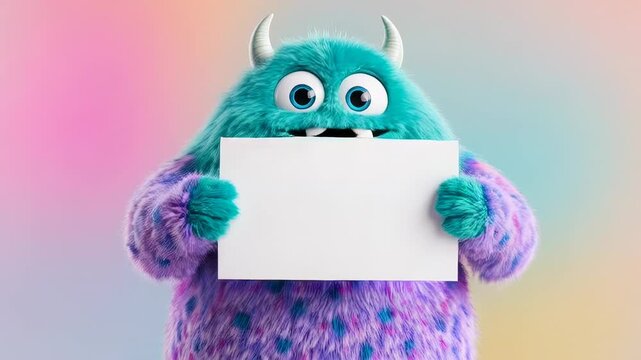 A cartoon monster holding a blank sign with a pastel background