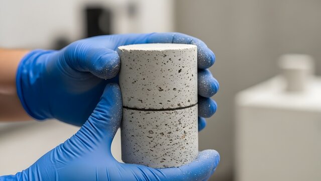 Hands in blue gloves holding concrete core sample.