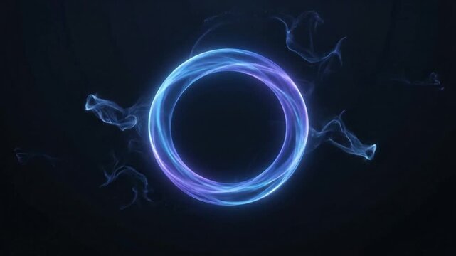 A glowing ring of blue and violet plasmalike energy with wispy particulate tendrils emanating from it against a solid dark backdrop