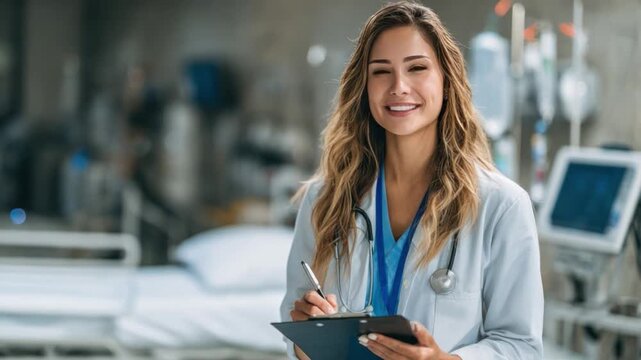 Smiling healthcare professional: a portrait of a radiant healthcare professional, embodying competence and compassion, stands confidently in a state-of-the-art medical facility.
