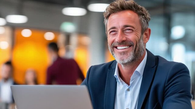 Professional's Glee: A distinguished man, radiating contentment and confidence, works diligently on his laptop, smiling serenely as he engages in his work.