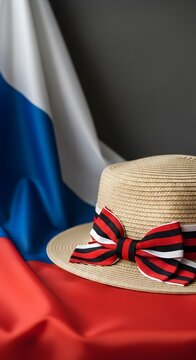 May day celebration with traditional russian flag and straw hat