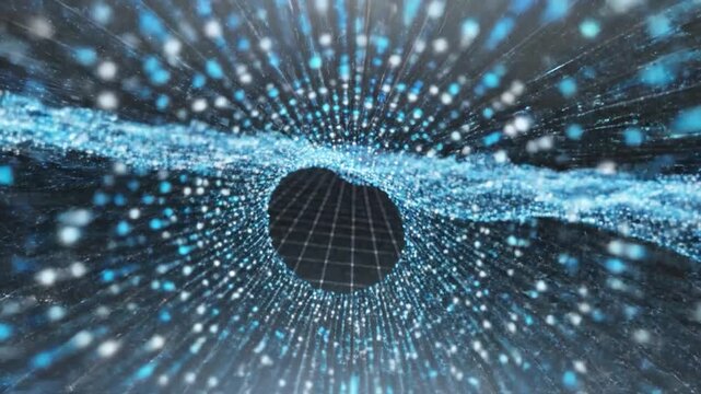 An abstract, digital artwork featuring a wave of blue particles with a central dark void
