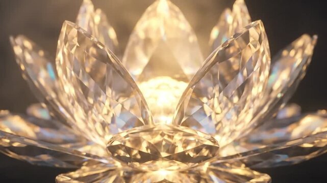 A luminous faceted crystal lotus flower with a glowing golden center rests on a reflective surface against a dark misty background