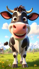 Cartoonish bovine with a joyful expression, in a field, under a blue sky