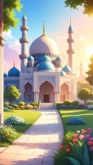 Cartoonish illustration of a mosque with bright sky and greenery