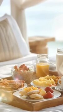 Breakfast in bed on a tray in luxury hotel near veranda with scenic view of ocean shore. Concept of luxury vacation at the caribbean sea