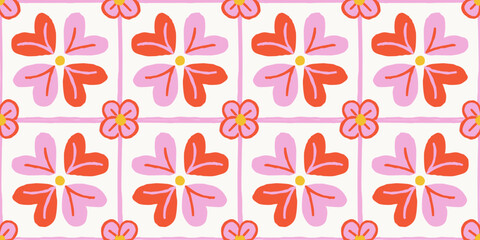 Bold spring floral tile pattern with pink and red flowers
