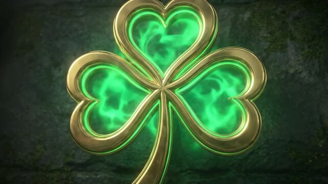 A metallic gold shamrock its three heartshaped leaves filled with a swirling luminous green light set against a dark textured stone background