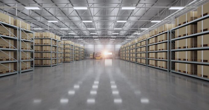 3D rendering of warehouse interior used for order fulfillment and distribution. Shelves stacked with goods ready for logistics and international shipping. Clean concrete floor ideal for background.
