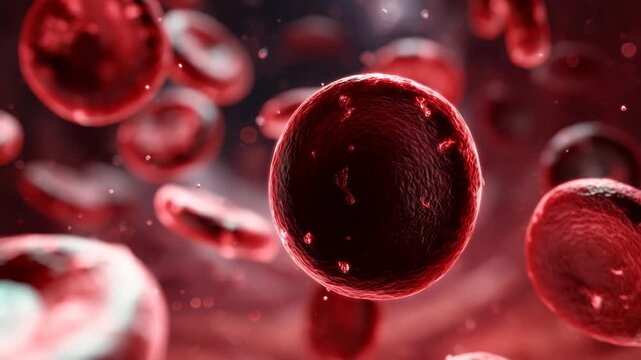 Animation shows dark human blood cells moving in red liquid, representing medical science and cellular activity in a dynamic environment, illustrating their behavior and interactions