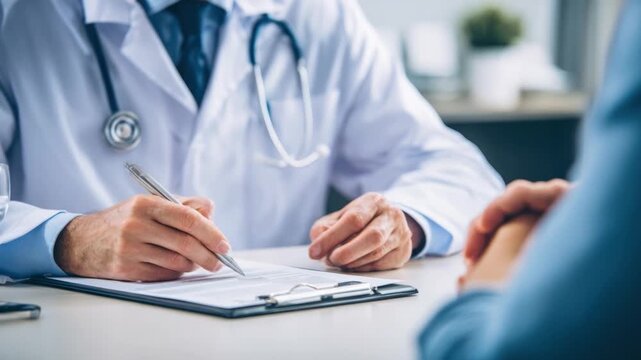 Medical Consultation: A doctor, stethoscope draped around his neck, diligently reviews medical documents and provides support during a medical consultation