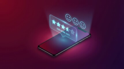 Fototapeta premium Mobile phone smartphone user experience rating five star review feedback satisfaction happy face customer app interface Mobile phone with glowing five star user experience rating review feedback