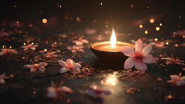 A serene scene of a lit candle surrounded by delicate blossoms. The warm glow of the flame illuminates the petals