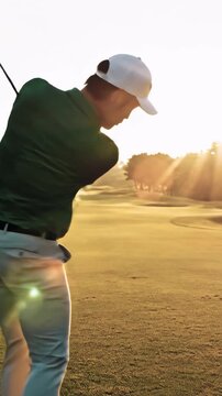 Golfer plays golf on a golf resort field, teeing off. Tee shot. Luxury sport vacation