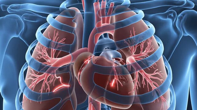 Human anatomical chest diagram with heart lungs and major blood vessels visible through translucent blue bones and rib cage against a dark background