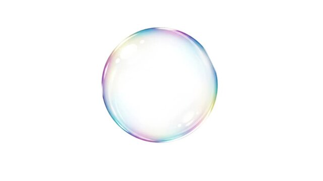Transparent soap bubble animation with iridescent  rainbow reflection on white background