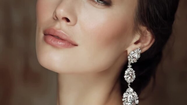 Attractive model demonstrate luxury brandname jewelry sets that shine. Diamond expensive earring on a beautiful model.