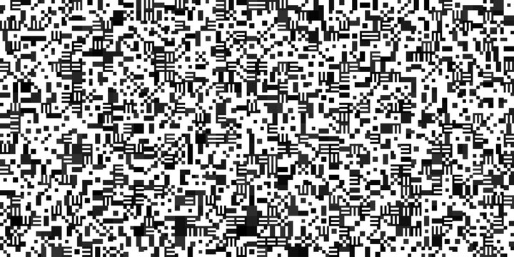 Dense chaotic binary noise pattern in black & white. Digital glitch, random data stream, cybersecurity static or encrypted code rain aesthetic for fintech  IT projects.