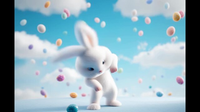 Happy cartoon bunny doing cool viral dances with falling easter eggs from sky