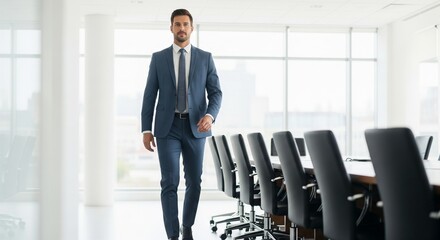 Fototapeta premium Businessman in blue suit walking through modern office boardroom with empty chairs, forward movement, business journey, environment, modern
