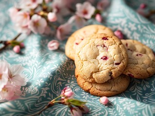 Delicious cookies with cherry pieces on a blue floral tablecloth