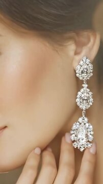 Attractive model demonstrate luxury brandname jewelry sets that shine. Diamond expensive earring on a beautiful model.