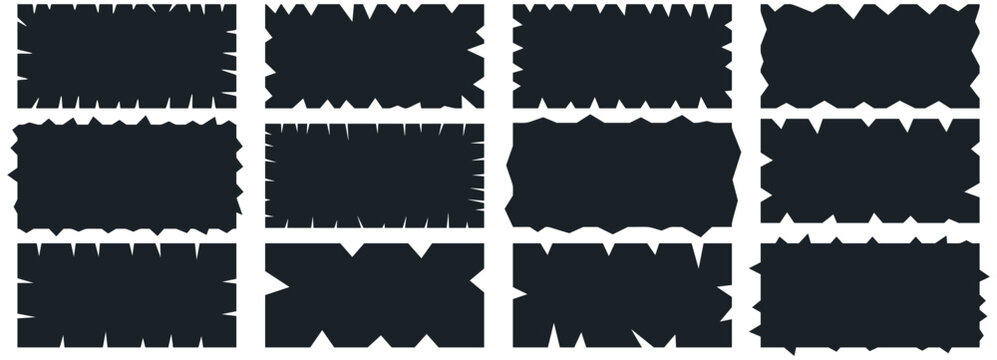Jagged black borders with torn paper textures. Rough geometric shapes perfect for creative labels, vintage collage art, and modern graphic design projects.