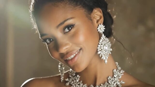 Attractive young black model demonstrate luxury brandname jewelry sets that shine. Diamond expensive earring on a beautiful model.