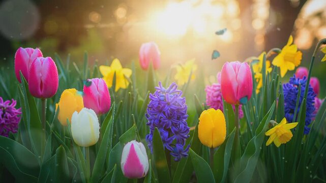 Vibrant Spring Garden with Colorful Tulips Hyacinth and Daffodils at Sunset