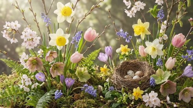 A vibrant spring arrangement of daffodils tulips and crocuses surrounds a birds nest with speckled eggs on a mossy surface